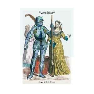 German Costumes Knight with Staff and Noble Woman 20x30 