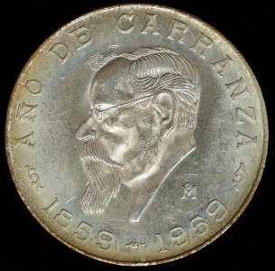 1859 1959 Mexico 5 Peso Silver .720 Carranza Crown Brilliant 