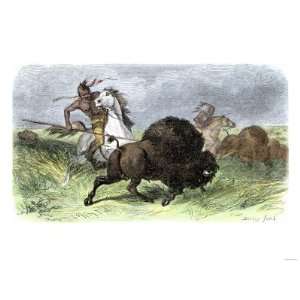  Plains Indians on Horseback Hunting Buffalo, 1800s Premium 