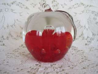 Clear and Red Art Glass Apple Paperweight  