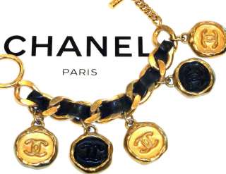 Finest Vintage Chanel Bracelet Large 5 Charm CC Logo Leather Chain 