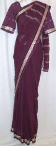 Dark Plum Sari w/ Choli Blouse Satin Indian Saree Panel Fabric M 38 