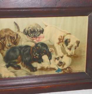 Antique Victorian Yard Long Print of Small Puppies Dogs  