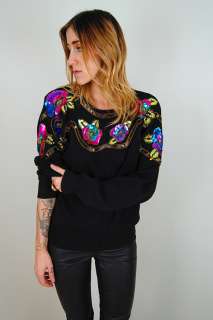   OS ornate SEQUINED floral BEADED batwing knit SWEATER JUMPER slouchy