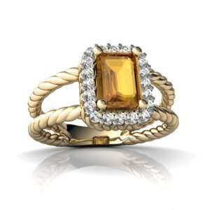   14K Yellow Gold Emerald cut Genuine Citrine Rope Ring Size 7 Jewelry