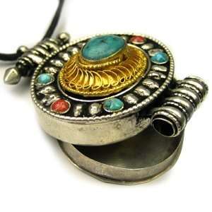Authentic Turquoise Crystal Tibetan Gau prayer Pendant in Silver (with 