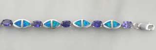 Sterling Silver Blue Opal & Amethyst CZ Tennis Bracelet  