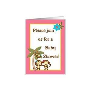   Tropical Hawaiian Luau Baby Girl Monkey Baby Shower Invitation Card