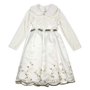  Girls 4 4T 3T Embroidered Dress with Long Sleeve Faux Fur Shrug NWT