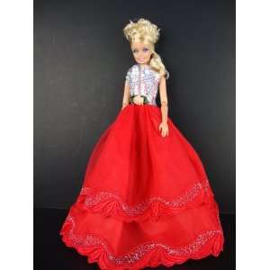 Red Ball Gown with Silver Sequins on the Botice Made to Fit the Barbie 