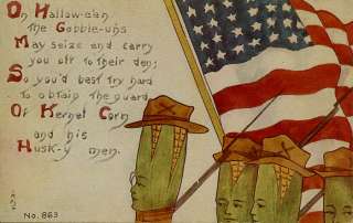   HALLOWEEN Postcard   American FLAG   Corn Cobs Dressed as Soldiers