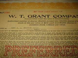 Old 1924 W.T. GRANT STOCK CERTIFICATE   Dept. Store  