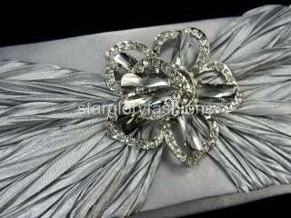 Silver Satin Crinkle Evening Clutch Sparkle Crystal Pin  