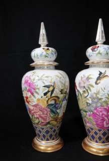 Pair Sevres Porcelain Urns Vases Tropical Floral Spray French  