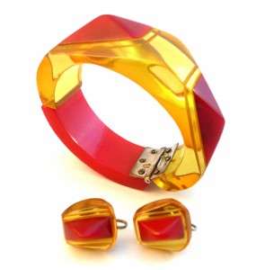   ART DECO Asymetric Geometric BAKELITE Bracelet & Earrings SET  