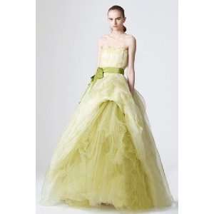   Long Green Organza Dress with Dark Green Belt and Bow 