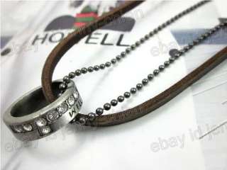 Mens COOL Korea full Diamond Love Ring pendant genuine Leather 