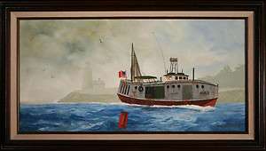 Maritime Acrylic  White Fishing Tug at Sea  R. Cornwell  