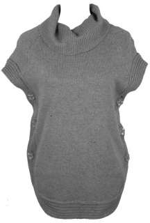 Cowl Neck Short Sleeve Sweater Tunic w Buttons GRAY  