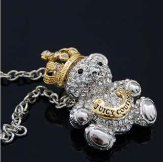 Korean style fashion full crystal crown bear necklace  