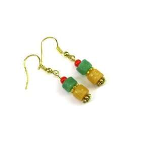 Ghana, Africa Sandcast Beads in Green and Yellow Dangle Earrings 