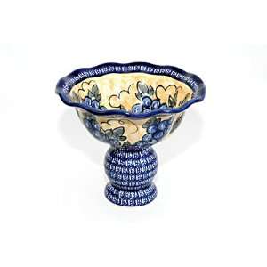  Polish Pottery Grapes Fruit Bowl Pedestal with Cobalt Rim 