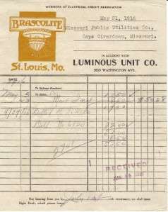 1916 Invoice Brascolite Luminous Unit Co. St.Louis,Mo  