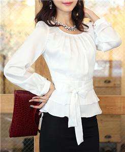 Sweet pleated bodice ruffled ribbon waist blouse shirt  