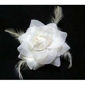  NEW White Glitter Rose with Feathers Hair Flower Clip 