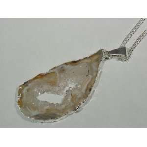 Silver Electroformed 0cco Agate Geode Druzy Slice Pendant with Free 18 