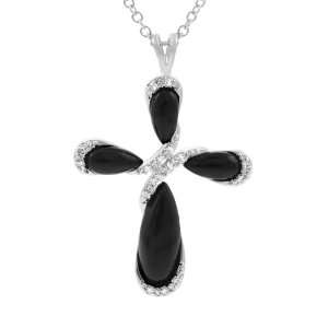  Sterling Silver CZ Accented Black Cross Necklace Jewelry
