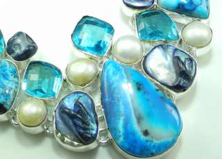 HUGE DENDRITIC OPAL+BLUE TOPAZ+RIVER PEARL SILVER NECKLACE 20; R9426 