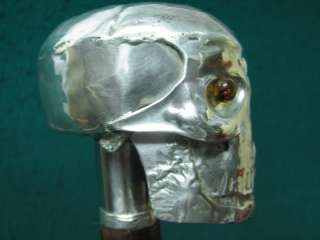 Rare old cane, walking stick, sterling silver human skull with glass 