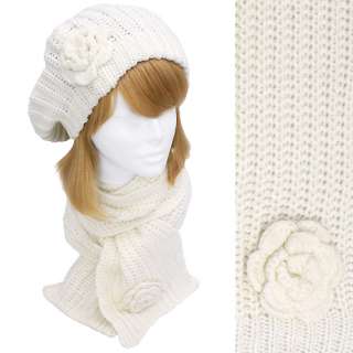 Crochet Flower Knit Fashion Beret Hat & Muffler Scarf 2 Pieces Set 