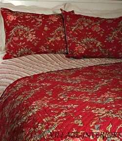 FRENCH COUNTRY REGINA RED FLORAL COTTON QUEEN QUILT SET  