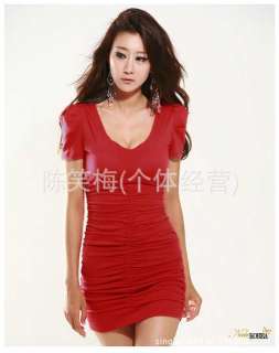 Women V Neck Pleated Red Clubwear Short Sleeve Dress M  