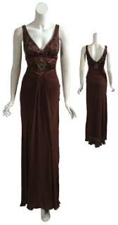 Luscious chocolate silk evening gown has beaded silk bodice with bias 