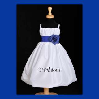 WHITE ROYAL BLUE TAFFETA FLOWER GIRL DRESS 2 4 6 8 10  