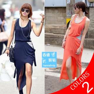 Womens Sleeveless Casual Short Dresses Asymmetric Hem Tail Blue PF658 