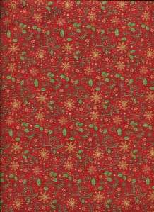 CHRISTMAS RED SM SNOWFLAKES & HOLLY Cotton Quilt Fabric  