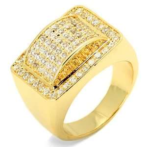  Mens Gold Plated Rectangle Dome CZ Hip Hop Ring Jewelry