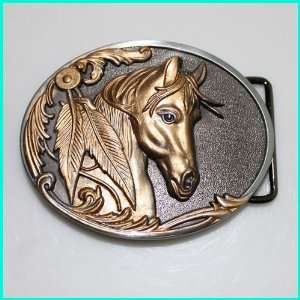  Single Horse Head Western Style With Feathers Belt Buckle 
