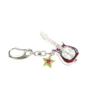   Stainless Pocket Key Chain Mini Clock RED Electric Guitar Novelty