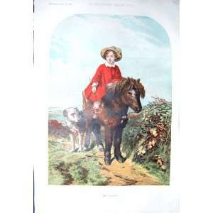  1856 COLOUR PRINT LITTLE GIRL PONY HORSE DOG COUNTRY