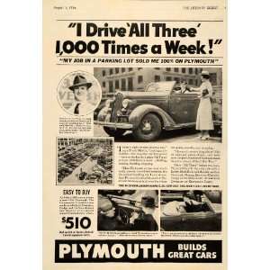  1936 Ad Plymouth Car Frank H. Mattix NYC Parking Lot 