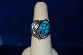 VINTAGE NATIVE AMERICAN STERLING SILVER & TURQUOISE NUGGET RING 7 (T36 