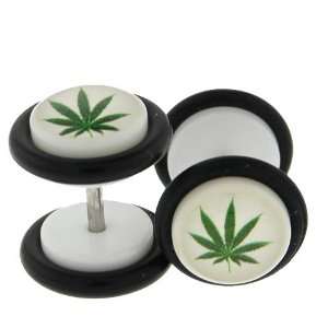 Fake Acrylic Plugs   White with Marijuana Leaf 16g Wire; 8mm   Sold as 