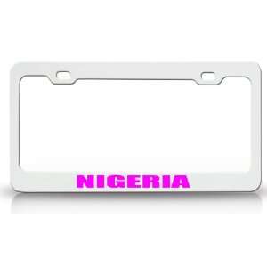 NIGERIA Country Steel Auto License Plate Frame Tag Holder White/Pink