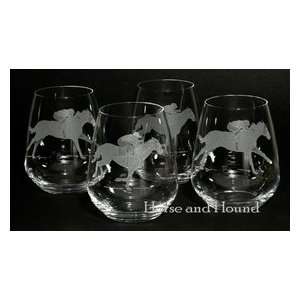  Horse Racing Etched Stemless Wine Glasses (Set of 4)