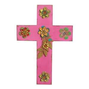Wilco Imports Pink Wooden Wall Cross with Metal Rose Blossoms, 9 3/4 